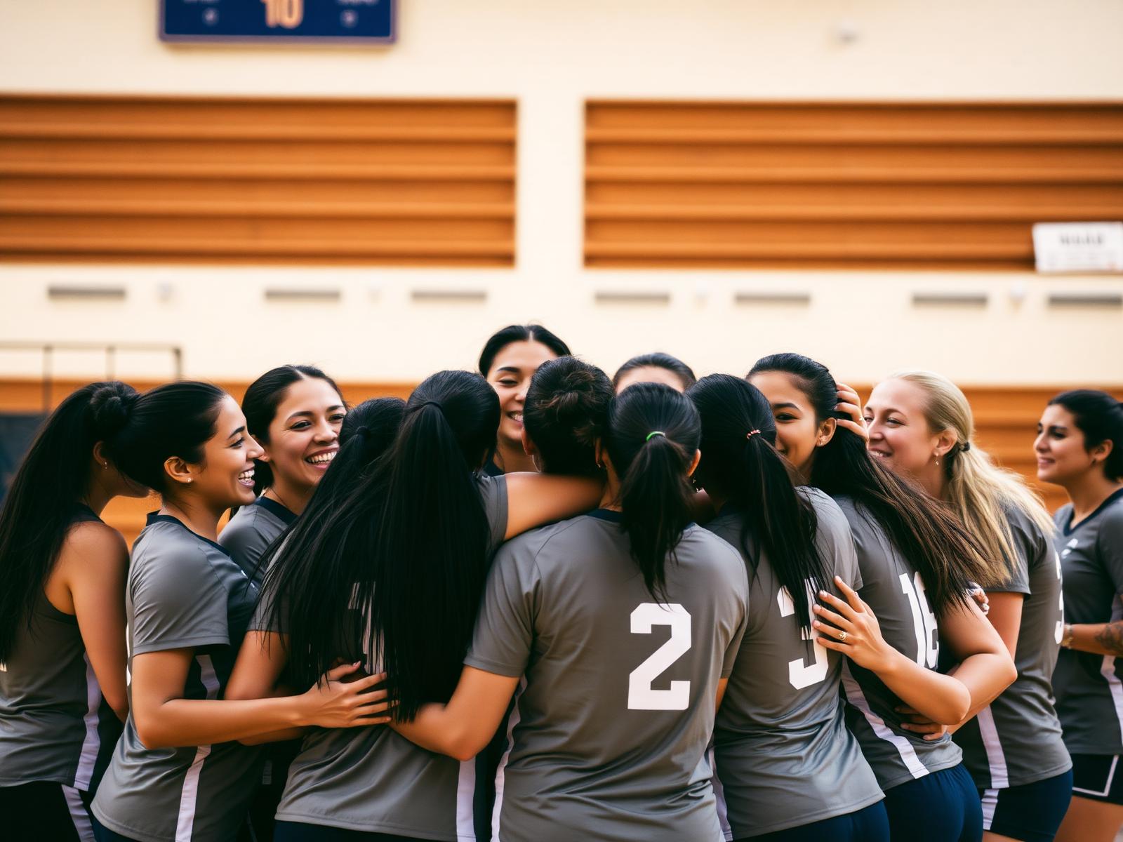Time feminino de vôlei reunido em quadra